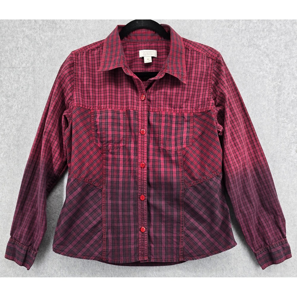 Red Plaid Button Up Long Sleeve Shirt Womens M Christopher Banks Casual Fade Vtg